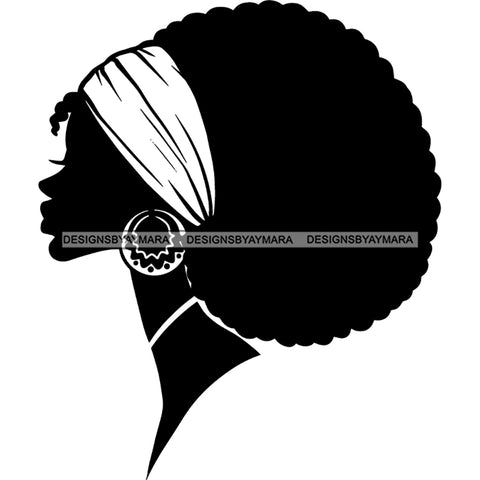 Afro Woman Black Silhouette Side View Nubian Ebony Headwrap B/W SVG JPG PNG Vector Clipart Cricut Silhouette Cut Cutting