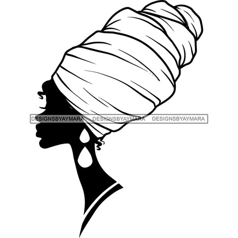 Afro Woman Black Silhouette Side View Nubian Ebony Turban B/W SVG JPG PNG Vector Clipart Cricut Silhouette Cut Cutting