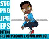 Afro Lili Black Girl Woman Selfie Glasses Earrings Big Eyes Squatting Short Hair Style Personal & Commercial Use SVG Cutting Files For Silhouette Cricut More