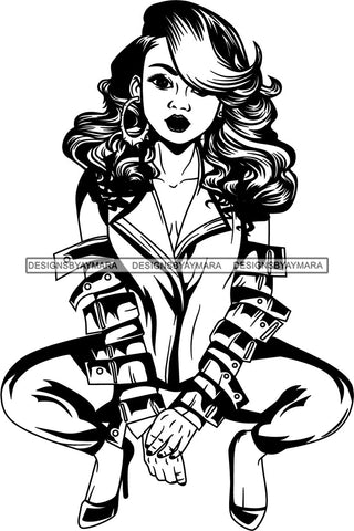 Afro Black Woman Squatting Hoop Earrings Bracelets High Heels B/W Wavy Long Hair Style  SVG Cutting Files For Silhouette Cricut and More