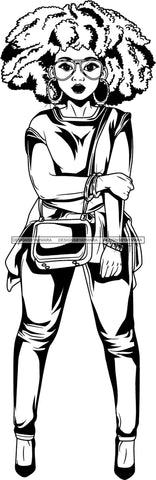 Lola Flow Black Woman  Afro Hair Style  Glasses Cross Body Handbags Sexy Attractive B/W  Hoop Earrings SVG Clipart Vector Cutting Files