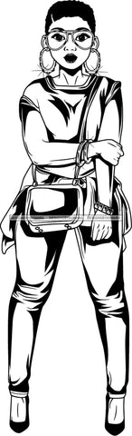 Lola Flow Black Woman Short Hair Style  Glasses Cross Body Handbag Attractive B/W  Hoop Earrings SVG Clipart Vector Cutting Files