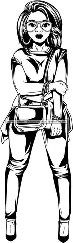 Lola Flow Black Woman Wavy Shoulder Length Hair Style  Glasses Cross Body Handbag Attractive B/W  Hoop Earrings SVG Clipart Vector Cutting Files