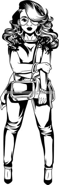 Lola Flow Black Woman Wavy Long Hair Style  Glasses Cross Body Handbag Attractive B/W  Hoop Earrings SVG Clipart Vector Cutting Files