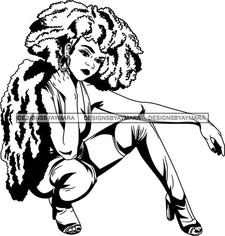 Lola Flow Black Woman  Afro Hair Style  Sexy Posing Modeling Fur Coat Long Eyelashes Attractive B/W  Hoop Earrings  High Heels SVG Clipart Vector Cutting Files