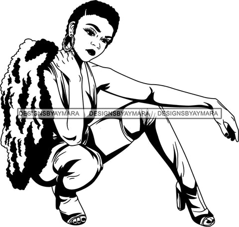 Lola Flow Black Woman Short Hair Style  Sexy Posing Modeling Fur Coat Long Eyelashes Attractive B/W  Hoop Earrings  High Heels SVG Clipart Vector Cutting Files