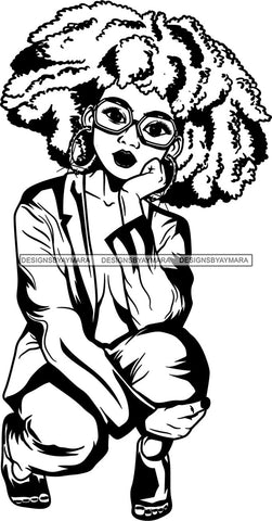 Lola Flow Black Woman Kneeling Afro Hair Style Deep Thoughts Glasses  B/W  Hoop Earrings Leaning SVG Clipart Vector Cutting Files