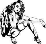 Lola Flow Black Woman Wavy Long Hair Style Sexy Posing Modeling Fur Coat Long Eyelashes Attractive B/W  Hoop Earrings  High Heels SVG Clipart Vector Cutting Files