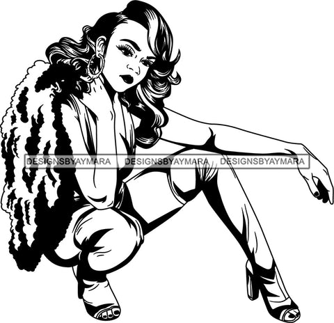 Lola Flow Black Woman Wavy Long Hair Style Sexy Posing Modeling Fur Coat Long Eyelashes Attractive B/W  Hoop Earrings  High Heels SVG Clipart Vector Cutting Files