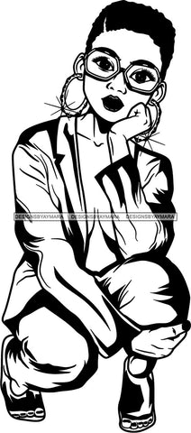 Lola Flow Black Woman Kneeling Short Hair Style Deep Thoughts B/W  Glasses Hoop Earrings Leaning SVG Clipart Vector Cutting Files