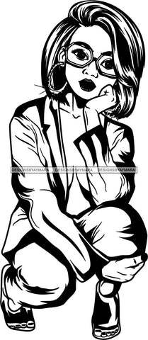 Lola Flow Black Woman Kneeling Wavy Shoulder Length Hair Style Deep Thoughts Glasses  B/W  Hoop Earrings Leaning SVG Clipart Vector Cutting Files