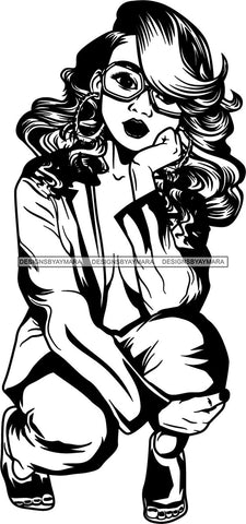 Lola Flow Black Woman Kneeling Wavy Long Hair Style Deep Thoughts Glasses  B/W  Hoop Earrings Leaning SVG Clipart Vector Cutting Files