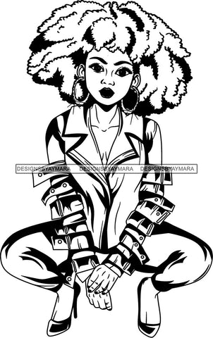 Afro Black Woman Squatting Hoop Earrings Bracelets High Heels B/W Afro Hair Style  SVG Cutting Files For Silhouette Cricut and More