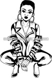 Afro Black Woman Squatting Hoop Earrings Bracelets High Heels B/W Short Hair Style  SVG Cutting Files For Silhouette Cricut and More