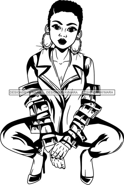 Afro Black Woman Squatting Hoop Earrings Bracelets High Heels B/W Short Hair Style  SVG Cutting Files For Silhouette Cricut and More