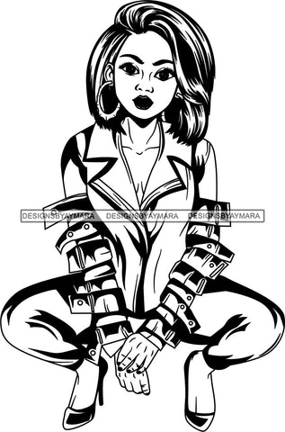 Afro Black Woman Squatting Hoop Earrings Bracelets High Heels B/W Wavy Shoulder Length Hair Style  SVG Cutting Files For Silhouette Cricut and More