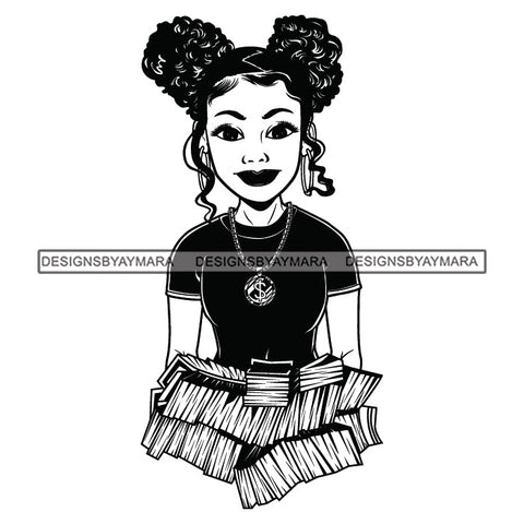 Afro Woman Holding Stacks Of Money Showing Off Melanin Necklace Pigtails Hairstyle B/W SVG JPG PNG Vector Clipart Cricut Silhouette Cut Cutting
