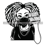Afro Woman Holding Stacks Of Money Face Mask Nubian Necklace Afro Hairstyle B/W SVG JPG PNG Vector Clipart Cricut Silhouette Cut Cutting