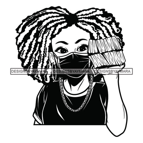Afro Woman Holding Stacks Of Money Face Mask Nubian Necklace Afro Hairstyle B/W SVG JPG PNG Vector Clipart Cricut Silhouette Cut Cutting