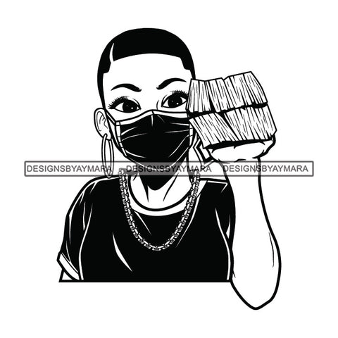 Afro Woman Holding Stacks Of Money Face Mask Nubian Necklace Short Hairstyle B/W SVG JPG PNG Vector Clipart Cricut Silhouette Cut Cutting
