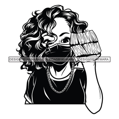 Afro Woman Holding Stacks Of Money Face Mask Nubian Necklace Curly Hairstyle B/W SVG JPG PNG Vector Clipart Cricut Silhouette Cut Cutting