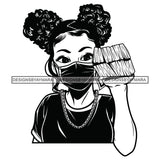 Afro Woman Holding Stacks Of Money Face Mask Nubian Necklace Pigtails Hairstyle B/W SVG JPG PNG Vector Clipart Cricut Silhouette Cut Cutting