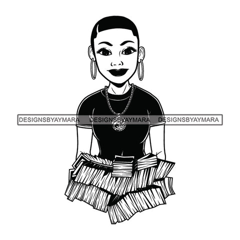 Afro Woman Holding Stacks Of Money Showing Off Melanin Necklace Short Hairstyle B/W SVG JPG PNG Vector Clipart Cricut Silhouette Cut Cutting