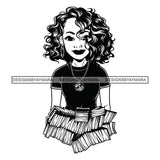Afro Woman Holding Stacks Of Money Showing Off Melanin Necklace Curly Hairstyle B/W SVG JPG PNG Vector Clipart Cricut Silhouette Cut Cutting