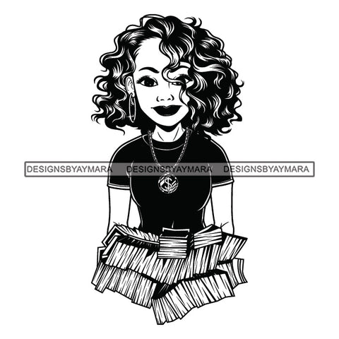 Afro Woman Holding Stacks Of Money Showing Off Melanin Necklace Curly Hairstyle B/W SVG JPG PNG Vector Clipart Cricut Silhouette Cut Cutting