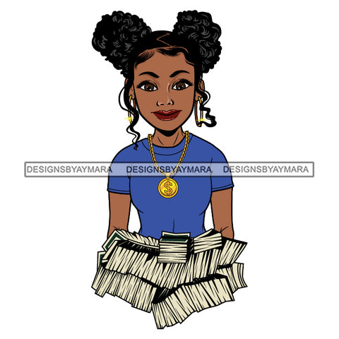 Afro Woman Holding Stacks Of Money Showing Off Melanin Gold Chain Pigtails Hairstyle SVG JPG PNG Vector Clipart Cricut Silhouette Cut Cutting