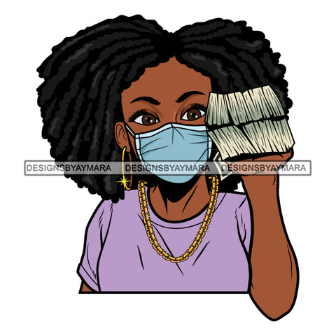 Afro Woman Holding Stacks Of Money Face Mask Nubian Necklace Afro Hairstyle SVG JPG PNG Vector Clipart Cricut Silhouette Cut Cutting