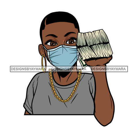 Afro Woman Holding Stacks Of Money Face Mask Nubian Necklace Short Hairstyle SVG JPG PNG Vector Clipart Cricut Silhouette Cut Cutting