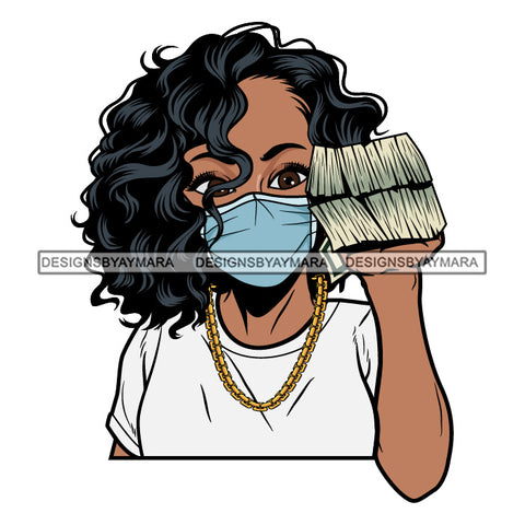 Afro Woman Holding Stacks Of Money Face Mask Nubian Necklace Curly Hairstyle SVG JPG PNG Vector Clipart Cricut Silhouette Cut Cutting