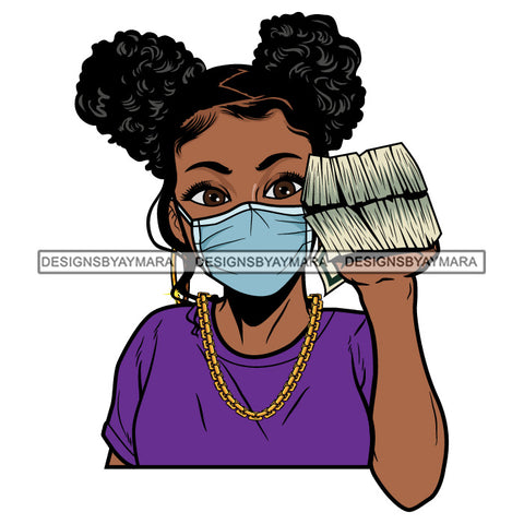 Afro Woman Holding Stacks Of Money Face Mask Nubian Necklace Pigtails Hairstyle SVG JPG PNG Vector Clipart Cricut Silhouette Cut Cutting