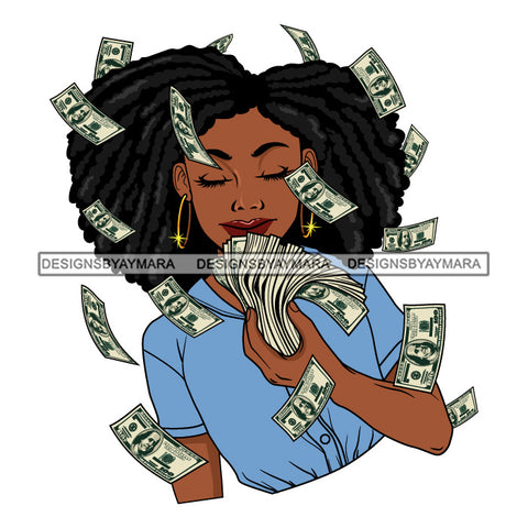 Afro Woman Showing Fan Of Money Flying 100 Dollar Bills Melanin Afro Hairstyle SVG JPG PNG Cutting Files For Silhouette and Cricut and More