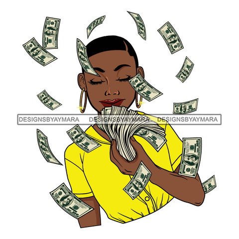Afro Woman Showing Fan Of Money Flying 100 Dollar Bills Melanin Short Hairstyle SVG JPG PNG Cutting Files For Silhouette and Cricut and More