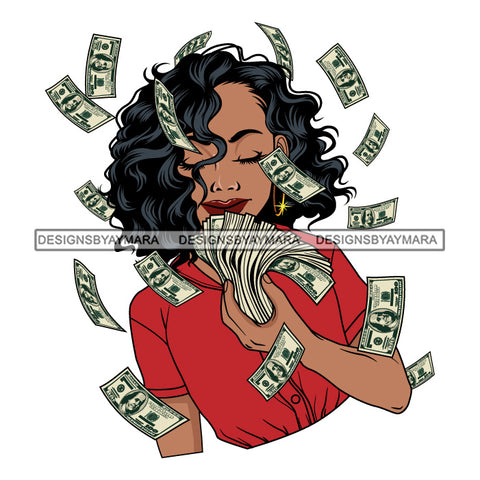 Afro Woman Showing Fan Of Money Flying 100 Dollar Bills Melanin Curly Hairstyle SVG JPG PNG Cutting Files For Silhouette and Cricut and More