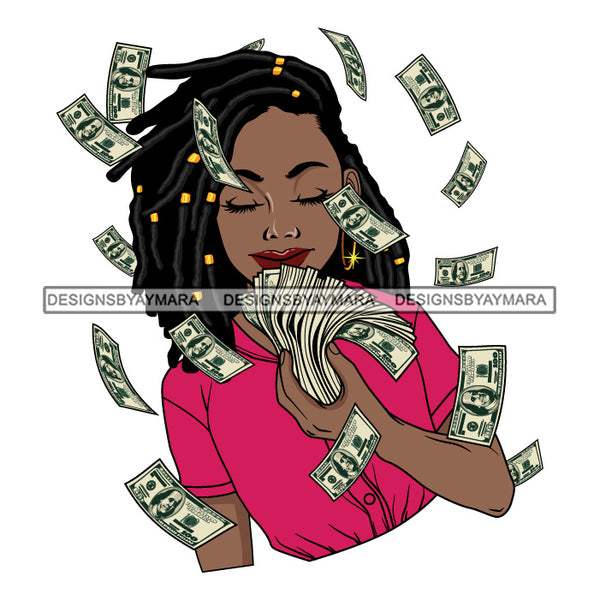 Afro Woman Showing Fan Of Money Flying 100 Dollar Bills Melanin Dreadlocks Hairstyle SVG JPG PNG Cutting Files For Silhouette and Cricut and More