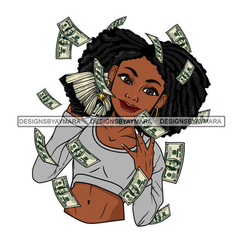 Afro Woman Hustler 100 Dollar Bill Flying Money Successful Afro Hairstyle SVG JPG PNG Cutting Files For Silhouette and Cricut and More