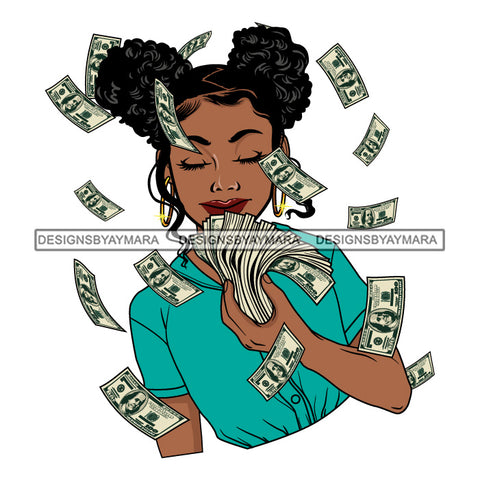 Afro Woman Showing Fan Of Money Flying 100 Dollar Bills Melanin Pigtails Hairstyle SVG JPG PNG Cutting Files For Silhouette and Cricut and More