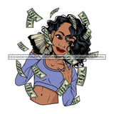 Afro Woman Hustler 100 Dollar Bill Flying Money Successful Curly Hairstyle SVG JPG PNG Cutting Files For Silhouette and Cricut and More