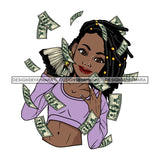 Afro Woman Hustler 100 Dollar Bill Flying Money Successful Dreadlocks Hairstyle SVG JPG PNG Cutting Files For Silhouette and Cricut and More