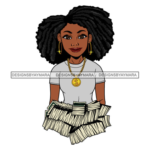 Afro Woman Holding Stacks Of Money Showing Off Melanin Gold Chain Afro Hairstyle SVG JPG PNG Vector Clipart Cricut Silhouette Cut Cutting