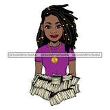 Afro Woman Holding Stacks Of Money Showing Off Melanin Gold Chain Dreadlocks Hairstyle SVG JPG PNG Vector Clipart Cricut Silhouette Cut Cutting