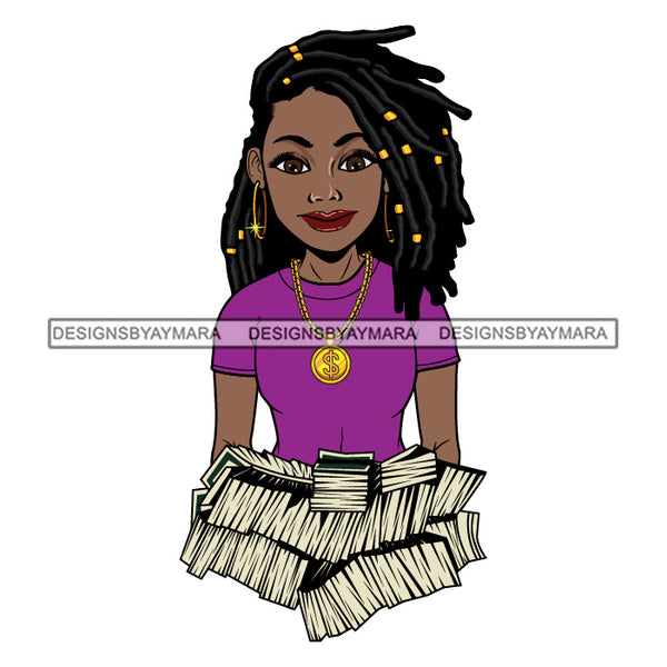 Afro Woman Holding Stacks Of Money Showing Off Melanin Gold Chain Dreadlocks Hairstyle SVG JPG PNG Vector Clipart Cricut Silhouette Cut Cutting