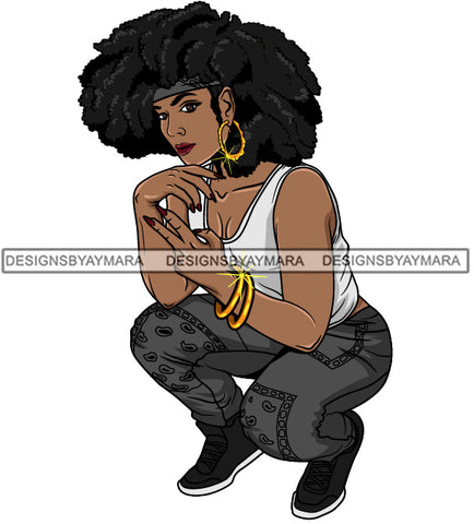 Afro Lola Goddess Urban Girl Pretty Woman Afro Hair Style  Bamboo Earrings Bracelets Squatting  SVG Cutting Files For Silhouette Cricut