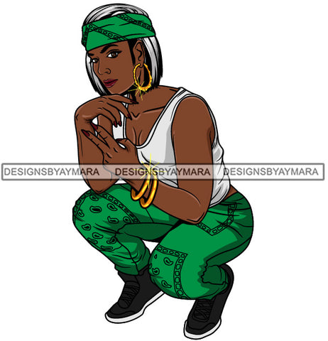 Afro Lola Goddess Urban Girl Pretty Woman Bandana Straight Hair Style Bamboo Earrings Bracelets Squatting  SVG Cutting Files For Silhouette Cricut