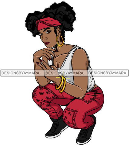 Afro Lola Goddess Urban Girl Pretty Woman Bandana Pigtails Hair Style Bamboo Earrings Bracelets Squatting  SVG Cutting Files For Silhouette Cricut