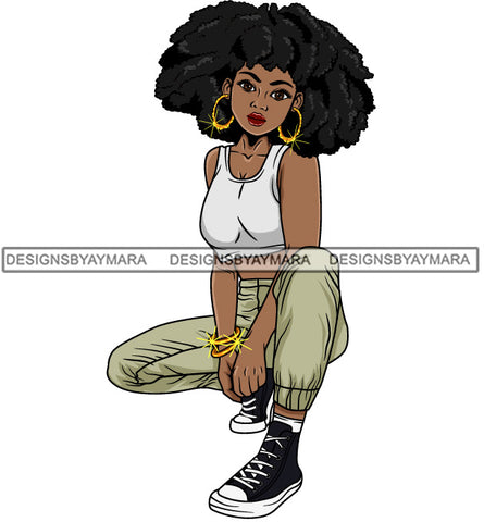 Afro Lola Goddess Urban Girl Pretty Woman Afro Hair Style Bamboo Earrings Bracelets Squatting  SVG Cutting Files For Silhouette Cricut