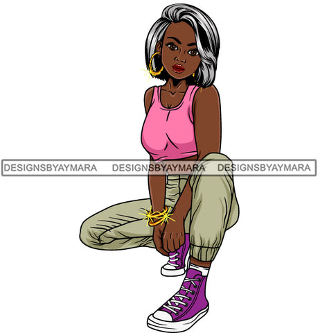 Afro Lola Goddess Urban Girl Pretty Woman Straight Hair Style Bamboo Earrings Bracelets Squatting  SVG Cutting Files For Silhouette Cricut